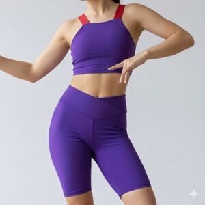 SET Theatricals dance 2 piece Purple Red Dancewear Crop Top Biker Shorts XS NWT